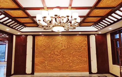 蚌埠中式别墅客厅中式木作横梁吊顶装饰展示