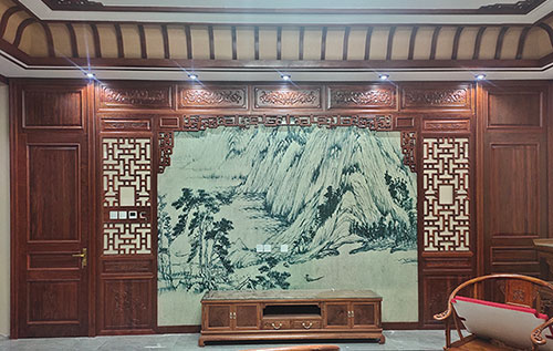 蚌埠中式仿古别墅客厅背景墙花格木作装饰